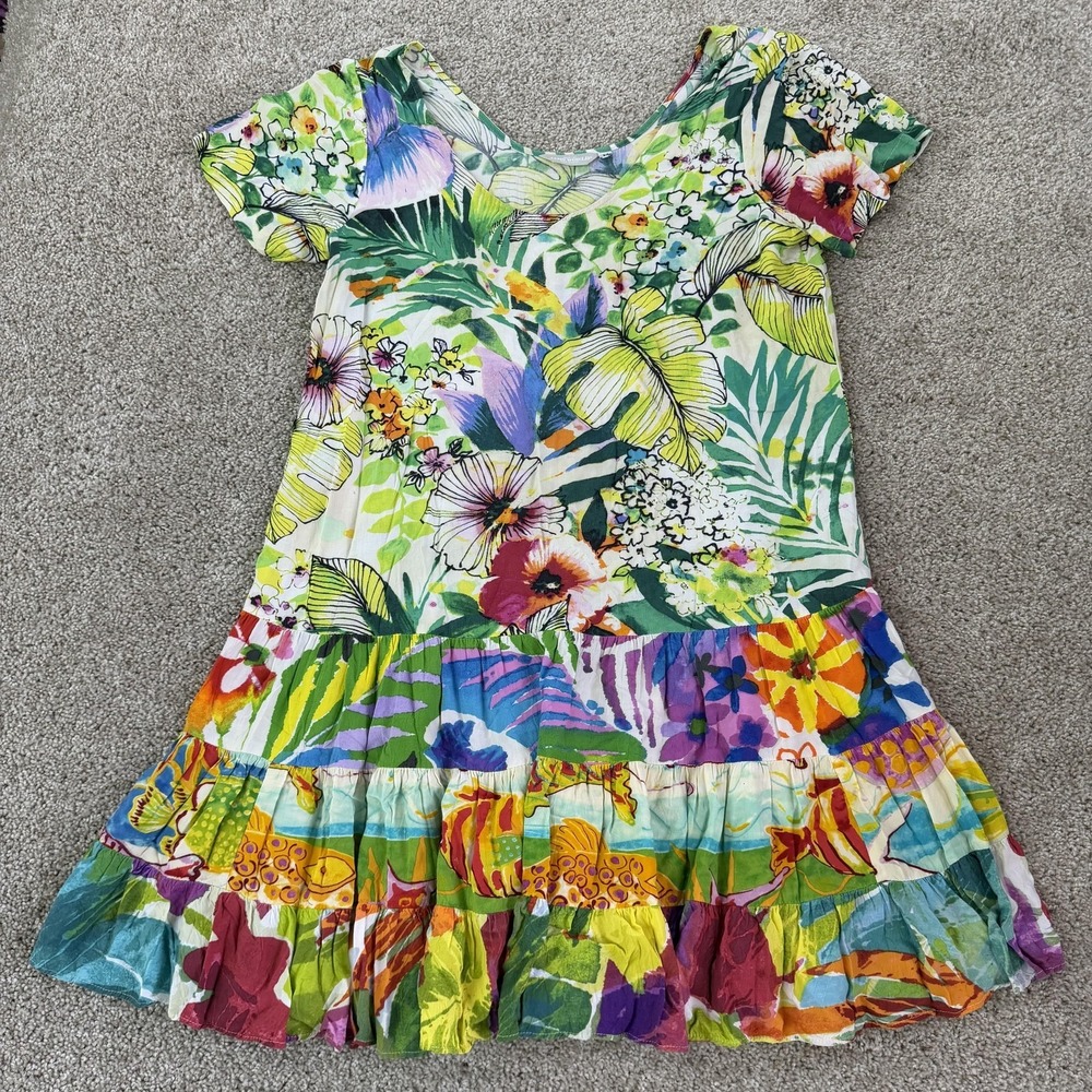 Jams World Dress Womens M Multicolor Floral Short Sleeve Scoop Neck Ruffle Hem